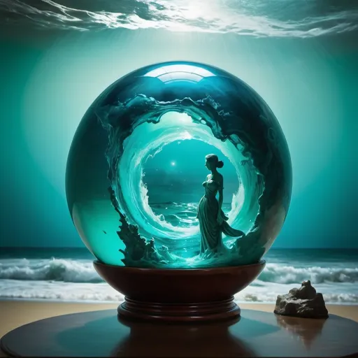 Prompt: Double exposure turquoise A huge Glass ball  filled with various stormy ocean scenes with waves and merfolk  blue and turquoise green hue by Raymond Swanland :: Anna Dittmann :: Anne Stokes :: Greg Olsen :: vibrant deep colors
 hyper detailed illuminated by spotlights, sharp details, vibrant colors, mist inspired by Thomas Kinkade, Alphonse Mucha, Magali Villeneuve, Tintoretto, Diego Velázquez, Helen Frankenthaler"