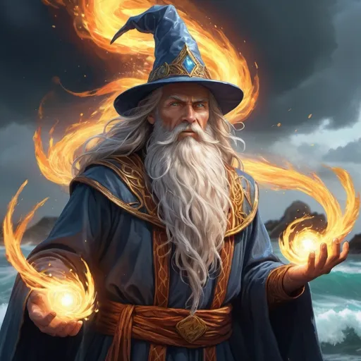 Prompt: Portrait of epic powerful elemental wizard with glowing magic eyes wielding the power of fire, water, earth, and air. He is clasping a magical staff, his long beard fluttering in a swirling wind of his own creation. A wizard's hat crowns his head, its brim shimmering with elemental energy. He's encircled by an aura of glowing magic, each quadrant representing a different element: flames, crashing waves, swirling leaves, and gusting winds. The scene has an illustration style, blending realism with fantastical elements. Artistic concepts such as rule of thirds, intricacy, and insane detailing are applied. The resultant artwork is a masterpiece, featuring elements common to pre-1912 masters, including strong depth, sharp focus, and dramatic lighting effects. The wizard emanates particles of all four elements: sparks of fire, droplets of water, grains of earth, and wisps of air, showcasing his mastery over the fundamental forces of nature. Perfect anatomically correct hands. Glowing magical elemental runes.