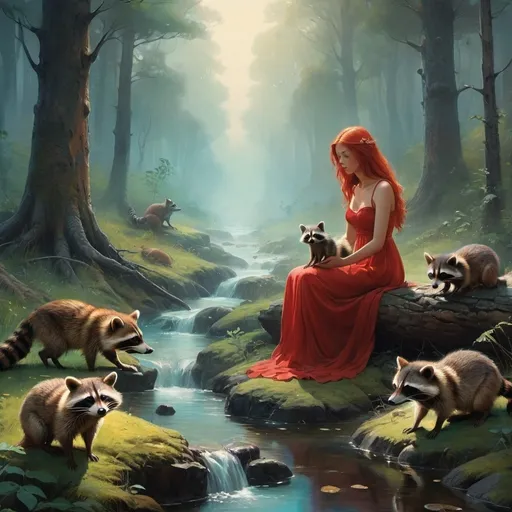 Prompt: A girl  sitting in a clearing in a forest, sitting down with a long red dress and red hair. Surrounded by all of the woodland creatures, elementals, animals. She is holding and loving on a baby raccoon.  Surrounded (almost protected) by forest. And a small stream Ethereal dreamlike quality, surrealistic wonder, oil painting, Salvador Dali, glowing, majestic, 3d render, best quality, colors blend smoothly, medium format, bokeh, realistic fantasy, colorful, intricately detailed, high contrast, artistic.ethereal fantasy hyperdetailed mist Thomas Kinkade, Thai style Poster in a Exquisite Details, Dynamic Lighting, Sharp Focus 64 Megapixels, abstract art, complementary colours, fine details Inspired by the vivid landscapes of Simon Stalenhag, the cinematic drama of Ashley Wood, and the ethereal atmospherics of Zdzislaw Beksinski.