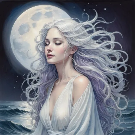 Prompt: A delicate, intricate masterpiece rough color pencil sketch of the Moon goddess, with cascading long, silky white hair that flows like the ocean's waves, wearing a flowing, diaphanous white robe with subtle folds and creases, hovering effortlessly above the gently rippling ocean surface under the soft, ethereal glow of moonlight, with visible pencil marks and subtle paper texture, evoking a sense of mystique and serenity, the goddess's face radiant with a gentle, enigmatic smile, her skin a luminous, pearlescent complexion, her eyes cast downward, lost in reverie, as the ocean's waves seem to caress the hem of her robe, with hints of blue and purple undertones in the shadows, and subtle, delicate strand of seaweed caught in her hair, adding a touch of whimsy to the celestial scene.