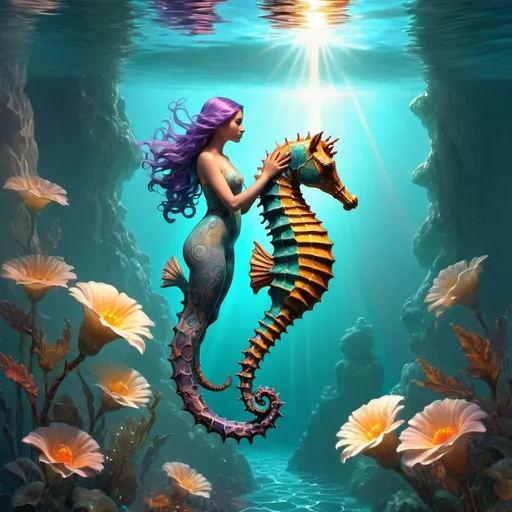 Prompt: Tranquil sea, sun shinning through, seahorse swimming under water with young girl with flowing turquoise hair Ethereal dark glowing aura, whimsical and enchanting, fantasy, fantastical, dark vibrant colors, gloomy and warm , wave function lighting masterpiece 3D shading. 3d render, illustration FULL ZOOMED OUT V IEW sharp details, inspired by Thomas Kinkade, Alphonse Mucha, Magali Villeneuve, Tintoretto, Diego Velázquez, , JB, Waterhouse, Josephine Wall, WLOP