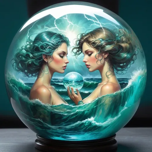 Prompt: Double exposure turquoise A huge Glass ball  filled with various stormy ocean scenes with waves and merfmaids, seagulls and lightning blue and turquoise green hue by vibrant deep colors hyper detailed illuminated by spotlights, sharp details, vibrant colors, mist inspired by Thomas Kinkade, Alphonse Mucha, Magali Villeneuve, Tintoretto, Diego Velázquez, Raymond Swanland , Anna Dittmann, Anne Stokes, Greg Olsen