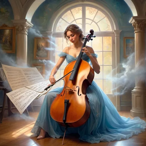 Prompt: Beautiful woman in a classic dress playing cello, , she opens a portal into the enchanted fairyland with her notes made out of a cloud of notes swirling around. elegant, alive, dramatic music, stunning, against the light, vary tracing, hyper detailed illuminated by spotlights, sharp details, vibrant colors, inspired by  mist Thomas Kinkade, Alphonse Mucha, Magali Villeneuve