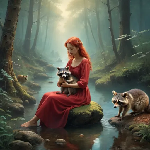 Prompt: A girl  sitting in a clearing in a forest, by a steam, sitting down with a long red dress and red hair. She is Surrounded by all of the woodland creatures, a bear, a fox,a  deer , a  duck in the stream, owl sitting on a branch, birds flying elementals, animals. She is holding a baby raccoon.  Surrounded (almost protected) by forest. And a small stream Ethereal dreamlike quality, surrealistic wonder, oil painting, Salvador Dali, glowing, majestic, 3d render, best quality, colors blend smoothly, medium format, bokeh, realistic fantasy, colorful, intricately detailed, high contrast, artistic.ethereal fantasy hyperdetailed mist Thomas Kinkade, Thai style Poster in a Exquisite Details, Dynamic Lighting, Sharp Focus 64 Megapixels, abstract art, complementary colours, fine details Inspired by the vivid landscapes of Simon Stalenhag, the cinematic drama of Ashley Wood, and the ethereal atmospherics of Zdzislaw Beksinski.