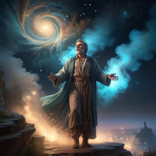 Prompt: a prophet announcing destiny atmosphere with steam, swirling winds and ether emerging from his feet and hands. With bioluminescent starry night sky, magic, highly detailed, intricate motifs, organic tracery, perfect 
volumetric lighting, beautifully unique masterpiece, 8k sharp focus qualities, ultra detailed, trending on Artstation, dramatic lighting, FULL ZOOMED OUT VIEW illuminated by spotlights, vibrant colors, mist and ethereal smoke hyper detailed sharp details, inspired by mist Thomas Kinkade, Alphonse Mucha, Magali Villeneuve, Tintoretto, Diego Velázquez, Helen Frankenthale