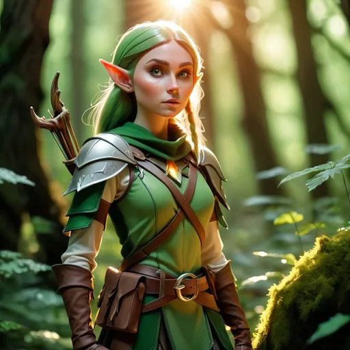 Prompt: Elf ranger in a mystical forest around sunlight