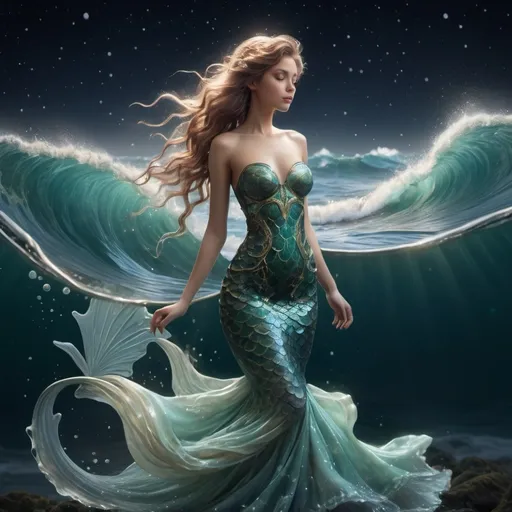 Prompt: Double exposure, ultra-hyper realistic, ultra-detailed, photorealistic, a panorama of seafoam waves coming at night to create an artistic version on the water of a fantasy water mermaid nymph's frontal picture in a  swirling dress of seamoth, the stars are displayed on her dress, starry night, moonbeams  Epic. Fantasy. Cosmic. 16k resolution. Dynamic lighting. 3D shading. Unreal Engine 5.  16k resolution.  inspired by  Thomas Kinkade, Alphonse Mucha, Magali Villeneuve, Tintoretto, Diego Velázquez, Helen Frankenthale