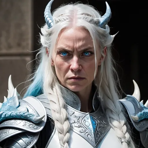 Prompt: An angry forty year old woman with long braided white hair and dragon horns, with ice blue eyes, wearing white armor, staring from the shadows