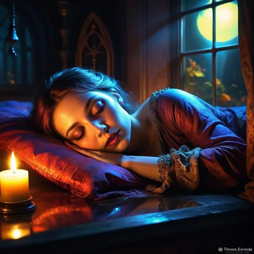 Prompt: Sleeping Beaty Nightmares cease, eerie, spooky, twisted, gothic horror lighting reflection, EPIC, COLORFUL, vibrant, stunning, AND jaw-dropping volumetric lighting raytracing dreams and magic, elemental wielding hyper realistic, detailed, , vibrant deep colors hyper detailed illuminated by spotlights, sharp details, mist inspired by Thomas Kinkade, Alphonse Mucha, Magali Villeneuve, Tintoretto, Diego Velázquez, Helen Frankenthale