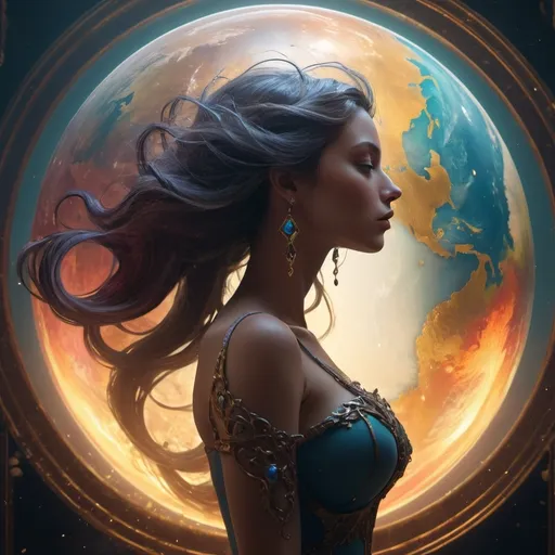 Prompt: A female silhouette with flowing hair observes a big vibrant planet Earth. An hourglass with golden sands of time flowing through it, with a big hourglass silhouette reflected next to it, Double exposure deep color, fantastical, intricate detail, splash screen, complementary colors, fantasy concept art, 8k resolution trending on Artstation Unreal Engine 5 intricately detailed magical fantasy, volumetric lighting, beautifully unique masterpiece Dynamic lighting. 3D shading. Unreal Engine 5. . Rage deep color, fantastical, intricate detail, fantasy concept art, trending on Art station, Unreal Engine 5 , splash screen, complementary colors, professional, surreal lighting 3d render, illustration FULL ZOOMED OUT VIEW illuminated by spotlights, vibrant colors, mist and ethereal smoke hyper detailed sharp details, inspired by mist Thomas Kinkade, Alphonse Mucha, Magali Villeneuve, Tintoretto, Diego Velázquez, Helen Frankenthale