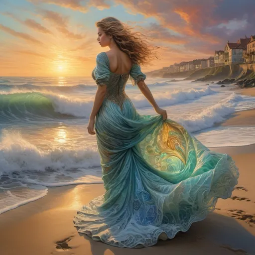 Prompt: ultra-hyper realistic, ultra-detailed, photorealistic, a panorama of seafoam waves coming ashore at sunset to create an artistic version on the sand of a lady in a large swirling dress standing on the beach Just after sunset, vibrant colours,  Josephine Wall, captivating masterpiece, one of a kind, ultra-hyper realistic, HDR, UHD with intricate details ,overall it must be with golden ratio as proportions and aesthetic, magic, highly detailed, intricate motifs, perfect volumetric lighting, beautifully unique masterpiece, 8k sharp focus qualities, dramatic lighting, FULL ZOOMED OUT VIEW illuminated by spotlights, vibrant colors, mist and ethereal smoke hyper detailed sharp details, inspired by mist Thomas Kinkade, Alphonse Mucha, Magali Villeneuve, Tintoretto, Diego Velázquez, Helen Frankenthale