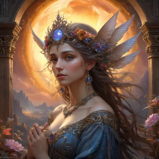 Prompt: Mother of darkness, Mother of light. Earth beneath us, soul in Flight.
Songs of love and love of light, Guide us in our hearts.

Fantasy core by JB, Waterhouse, Josephine Wall, WLOP, perfect Wide long shot visual @ArtAIJB masterpiece deep color,  intricate detail, splash screen,, fantasy concept art, 8k resolution Unreal Engine 5  Dynamic lighting. 3D shading.  Rage   trending on Art station complementary colors,  3d render, illustration FULL ZOOMED OUT VIEW sharp details, inspired by Thomas Kinkade, Alphonse Mucha, Magali Villeneuve, Tintoretto, Diego Velázquez, Helen Frankenthale