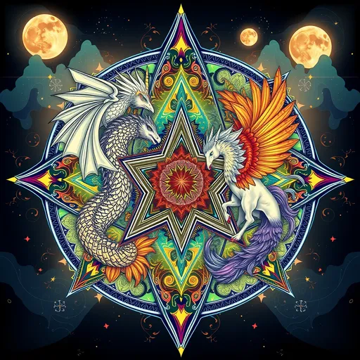 Prompt: Design an intricate pentagram shape mandala-style artwork featuring a mix of dragons, phoenix birds, and mythical creatures integrated into a mythical world setting. Each creature—such as a dragon with mandala-patterned scales, a phoenix with radiant feather designs, or a unicorn with a flowing mane of geometric and floral mandalas—should be surrounded by a fantastical environment. Include details like floating islands, celestial elements (stars, moons, and clouds), and mystical flora. The entire scene should be composed of detailed, symmetrical, and layered patterns, all in clean, line art, in the style of Midjourney, Art, Fantasy, Otherworldly Depiction, Digital Art, Concept Art, Cinematic, Hyper Realistic, glowing vivid colours, ethereal, divine lighting fine art masterpiece, luminous textures, intricate details, vibrant color palette, dynamic composition detailed background high artistic quality, 4K resolution. magical, high quality printing, fine art, 32k uhd, translucent photorealistic, hyperdetailed, haunting, magical, rich vibrant and opalescent colors .3d max projecting, ue5, imax, zbrush, raw, ray-tracing. In the style of Randy Vargas, Alex Ross, Frank Frazetta, Alan Lee, Thomas Canty, Diego Gisbert Llorens, Alfredo Alcala's Voltar