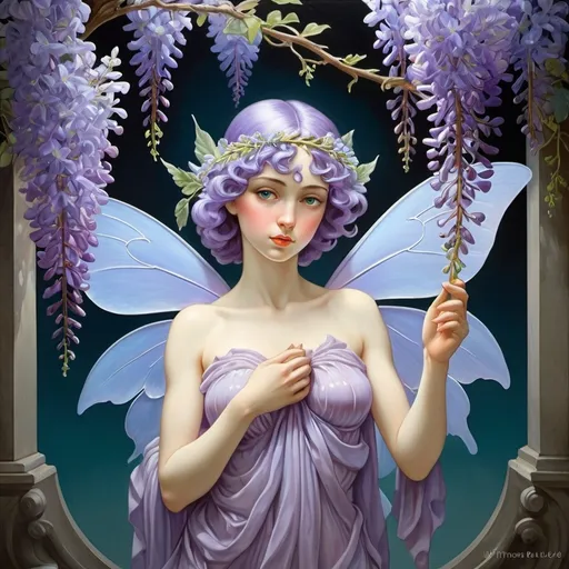 Prompt: Wisteria Petalite Fairy René Magritte, Giorgio de Chirico, hyper detailed illuminated by spotlights, sharp details, vibrant colors, inspired by mist Thomas Kinkade, Alphonse Mucha, Magali Villeneuve hyper detailed illuminated by spotlights, sharp details, vibrant colors, inspired by mist Thomas Kinkade, Alphonse Mucha, Magali Villeneuve