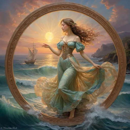 Prompt: Circle round the sunrise, circle round the breeze, 
Circle round the flame inside us dancing free.
Circle round the oceans, the waters of our birth. 
Circle round the stars at night and circle round the earth. FULL ZOOMED OUT V IEW sharp details, inspired by Thomas Kinkade, Alphonse Mucha, Magali Villeneuve, Tintoretto, Diego Velázquez, JB, Waterhouse, Josephine Wall, WLOP