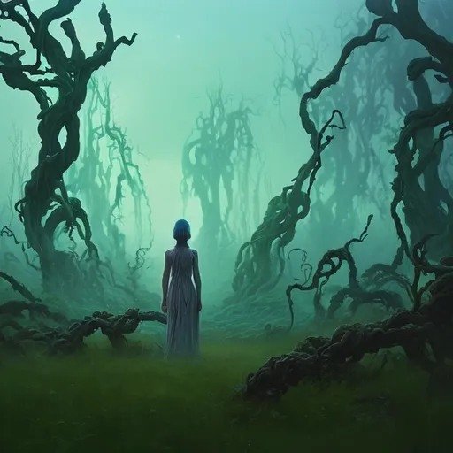 Prompt: A woman stands at the edge of a mystical forest, eyes closed, arms outstretched, surrounded by an aura of soft, ethereal light, as if invoking an otherworldly presence. The trees, ancient and twisted, stretch towards the sky, their gnarled branches tangled with vines and moss. The air is heavy with anticipation, the atmosphere thick with an eerie, greenish mist that swirls around her feet. In the distance, a subtle, iridescent glow emanates from a doorway of light, beckoning her forward. Inspired by the vivid landscapes of Simon Stalenhag, the cinematic drama of Ashley Wood, and the ethereal atmospherics of Zdzislaw Beksinski.