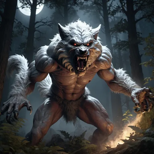 Prompt: An angry rage filled 9 foot tall furred werewolf destroying a forest during a full moon at night. Epic. Gothic. Intimidating. Rage. 16k resolution. Double exposure. Photorealistic. Unreal engine 5. Dynamic lighting. 3D shading. Detailed white fur. Detailed fangs and claws  magic, spiral backlit fractal shaded detailed matte painting, 8k resolution, deep color, fantastical, intricate detail, fantasy concept art, trending on Artstation, Unreal Engine 5 , splash screen, complementary colors, professional, art by John Blanche, surreal lighting 3d render, illustration FULL ZOOMED OUT VIEW illuminated by spotlights, vibrant colors, mist and ethereal smoke hyper detailed sharp details, inspired by mist Thomas Kinkade, Alphonse Mucha, Magali Villeneuve, Tintoretto, Diego Velázquez, Helen Frankenthale