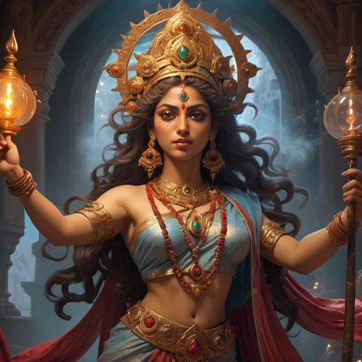 Prompt: Goddess Durga 8k resolution, deep color, fantastical, intricate detail, fantasy concept art, trending on Artstation, Unreal Engine 5 complementary colors, professional, art by John Blanche, surreal lighting 3d render, illustration FULL ZOOMED OUT VIEW illuminated by spotlights, vibrant colors, mist and ethereal smoke hyper detailed sharp details, inspired by Thomas Kinkade, Alphonse Mucha, Magali Villeneuve, Tintoretto, Diego Velázquez, Helen Frankenthale