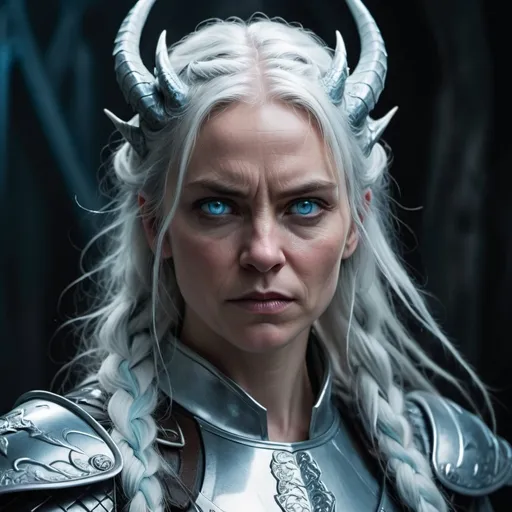 Prompt: An angry forty year old woman with long braided white hair and dragon horns, with ice blue eyes, wearing white armor, staring from the shadows