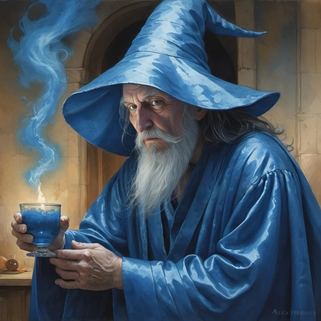 Prompt: A drunk crazy wizard in impressive blue robes This image, whether a painting or photograph, radiates a sense of enchantment and artistry that captivates the viewer's gaze.  In Alex Ross Style , Cell-shaded, Jamie Heiden