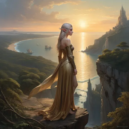 Prompt: At Golden Hour, an Elf girl standing on barren clifftop looking over dense forest below, on the far distant horizon a barely seen golden tower gleams beside a shining sea in the last rays of the setting sun
Mimi Onuoha, Refik Anadol, Sougwen Chung Magali Villeneuve, Tintoretto, Diego Velázquez, Raymond Swanland , Anna Dittmann, Anne Stokes, Greg OlsenMagali Villeneuve, Tintoretto, Diego Velázquez, Raymond Swanland , Anna Dittmann, Anne Stokes, Greg Olsen