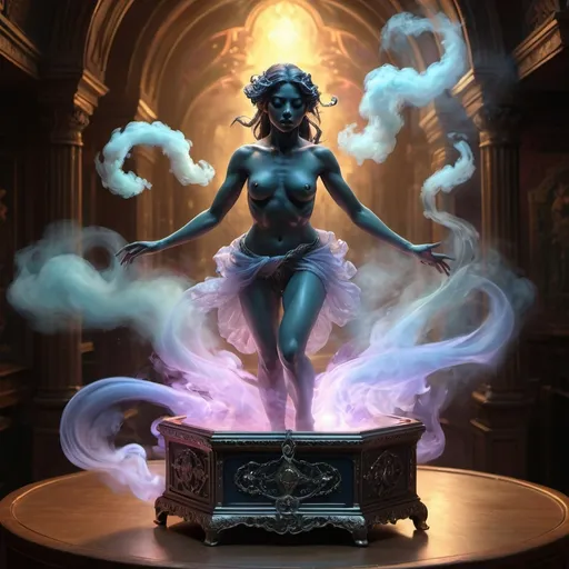 Prompt: a beautiful holographic iridescent djinn emerging from  an open music box, swirling smoke inside, based on Djinn ethereal fantasy hyperdetailed black swirling smoke Epic cinematic brilliant stunning intricate meticulously detailed dramatic atmospheric Sinister Nightmare Despair Terror Horror "A dancer that’s made of entire smoke there whole body"
Hyper realistic, splash art, concept art, mid shot, intricately detailed, color depth, dramatic, 2/3 face angle, side light, colorful background, ethereal characters, volumetric smoke, astral clouds, majestic, award-winning, intricate, exquisite, masterpiece Extremely detailed. Hyper realistic. 64K resolution. Detailed magical fantasy, , mist and ethereal smoke hyper detailed illuminated by spotlights, sharp details, vibrant colors, inspired by  Thomas Kinkade, Alphonse Mucha, Magali Villeneuve, Tintoretto, Diego Velázquez, Helen Frankenthale