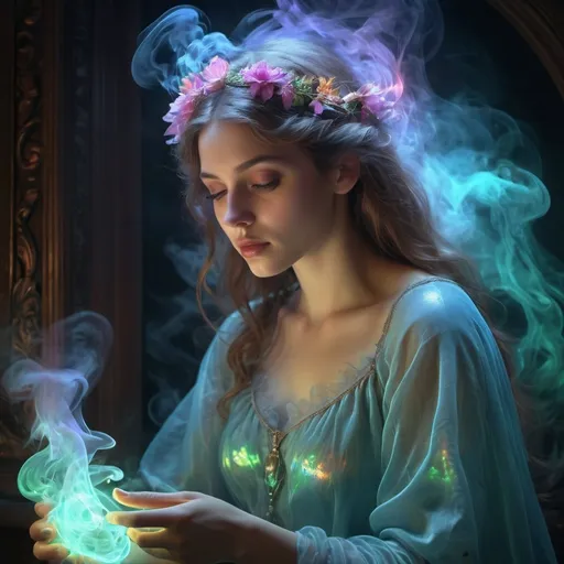 Prompt: Ghost story holographic Chemiluminescent neon Ephemeral iridescent Smoke Ethereal dark glowing aura, whimsical and enchanting, fantasy, fantastical, dark vibrant colors, gloomy and warm lighting masterpiece 3D shading. 3d render, illustration FULL ZOOMED OUT V IEW sharp details, inspired by Thomas Kinkade, Alphonse Mucha, Magali Villeneuve, Tintoretto, Diego Velázquez, Helen Frankenthale, JB, Waterhouse, Josephine Wall, WLOP