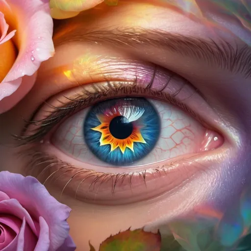 Prompt: Double exposure, a close picture of a human eye  a beautiful rose reflection in the iris holographic Ephemeral iridescent Smoke Ethereal glowing aura, whimsical and enchanting, fantasy, fantastical, vibrant colors, gloomy and warm lighting masterpiece 3D shading. 3d render, illustration FULL ZOOMED OUT V IEW sharp details, inspired by Thomas Kinkade, Alphonse Mucha, Magali Villeneuve, Tintoretto, Diego Velázquez, JB, Waterhouse, Josephine Wall, WLOP