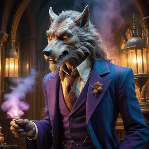 Prompt: Lupin Lycanthrophic professor from Harry Potter Detailed magical fantasy, hyper detailed illuminated by spotlights, sharp details, vibrant colors, mist and ethereal smoke hyper detailed illuminated by spotlights, sharp details, vibrant colors, inspired by mist Thomas Kinkade, Alphonse Mucha, Magali Villeneuve, Tintoretto, Diego Velázquez, Helen Frankenthale