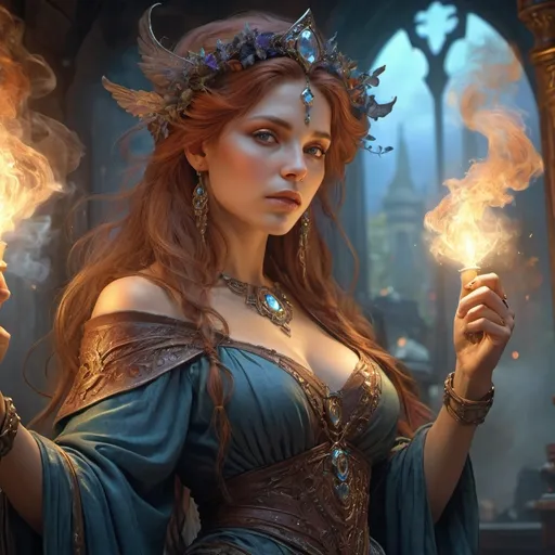 Prompt: The sorceress' fate 8k resolution, deep color, fantastical, intricate detail, fantasy concept art, trending on Artstation, Unreal Engine 5 complementary colors, professional, art by John Blanche, surreal lighting 3d render, illustration FULL ZOOMED OUT VIEW illuminated by spotlights, vibrant colors, mist and ethereal smoke hyper detailed sharp details, inspired by Thomas Kinkade, Alphonse Mucha, Magali Villeneuve, Tintoretto, Diego Velázquez, Helen Frankenthale