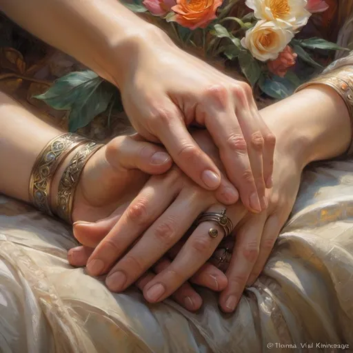 Prompt: Your hands are the hands of healing, you share the one people feelings. 
Your hands hold their hands in healing love FULL ZOOMED OUT V IEW sharp details, inspired by Thomas Kinkade, Alphonse Mucha, Magali Villeneuve, Tintoretto, Diego Velázquez, JB, Waterhouse, Josephine Wall, WLOP