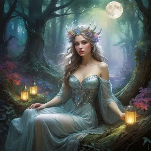 Prompt: (In the heart of the Enchanted Forest, where the veil between worlds is thin, there lies a glade known as the Cradle of Whispers. It is here that the Fae Queen, Elara, holds court, As the moon rises high, casting its silver glow upon the glade) by Raymond Swanland :: Anna Dittmann :: Anne Stokes :: Greg Olsen :: vibrant deep colors
 hyper detailed illuminated by spotlights, sharp details, vibrant colors, mist inspired by Thomas Kinkade, Alphonse Mucha, Magali Villeneuve, Tintoretto, Diego Velázquez, Helen Frankenthaler"