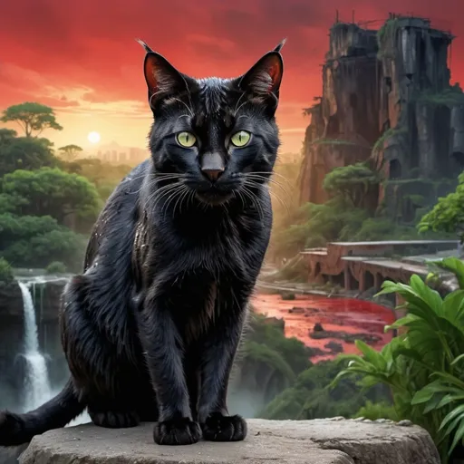 Prompt: A black wild cat with scars on the right side of the face, the wildcat stands frontal, far away behind the wild cat is a high detailed world splitted in half, one half is a destroyed city by night, lights are flashing, red background, the other half is a beautiful high detailed landscape with high tress and a small waterfall, green background, 