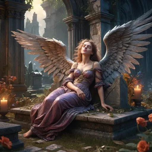 Prompt: Fallen Angel crying in the graveyard Fantasy core  by JB, Waterhouse, Josephine Wall, WLOP,  perfect Wide long shot visual @ArtAIJB masterpiece deep color, fantastical, intricate detail, splash screen, complementary colors, fantasy concept art, 8k resolution trending on Artstation Unreal Engine 5 intricately detailed magical fantasy, volumetric lighting, beautifully unique masterpiece Dynamic lighting. 3D shading. Unreal Engine 5. . Rage deep color, fantastical, intricate detail, fantasy concept art, trending on Art station, splash screen, complementary colors, professional, surreal lighting 3d render, illustration FULL ZOOMED OUT VIEW  hyper detailed sharp details, inspired by Thomas Kinkade, Alphonse Mucha, Magali Villeneuve, Tintoretto, Diego Velázquez, Helen Frankenthale