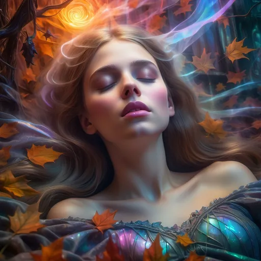 Prompt: Surreal dreamlike fantasy art. Medium shot. Sleeping Beauty surrounded by holographic mist of nightmares and visions, amidst a twisted, gothic horror atmosphere. Close-up. Inspired by William Waterhouse and Pablo Amaringo's mystical style. Glowing, ethereal face with vibrant, autumnal colors. Volumetric lighting rays dancing around her, casting an eerie glow. Dreamlike mist swirling with intricate, cosmic patterns. HDR, 4k, hyper-detailed, mixed media art. Epic, cinematic, and jaw-dropping. Glitch art distortion, astral projection, and hyper-realistic elements. Inspired by Gustave Doré, Greg Rutkowski, and Anton Pieck's dark, mystical styles. Oil painting textures, mixed with wet-on-wet