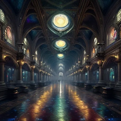 Prompt: Starry, starry night
Portraits hung in empty halls
Frameless heads on nameless walls
With eyes that watch the world and can't forget refined ethereal mysterious dreamlike hyperdetailed intricately detailed magical fantasy, volumetric lighting, beautifully unique masterpiece, 8k sharp focus qualities, ultra detailed, trending on Artstation, dramatic lighting, FULL ZOOMED OUT VIEW hyper detailed illuminated by spotlights, sharp details, vibrant colors, mist and ethereal smoke hyper detailed illuminated by spotlights, sharp details, vibrant colors, inspired by mist Thomas Kinkade, Alphonse Mucha, Magali Villeneuve, Tintoretto, Diego Velázquez, Helen Frankenthale