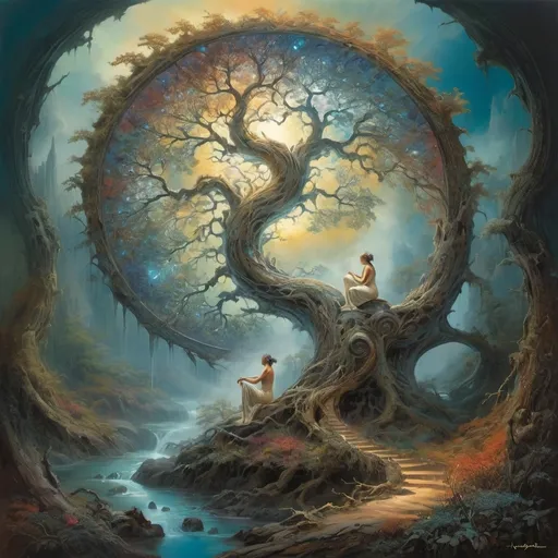 Prompt: A creative masterpiece by Boris Vallejo, Zdzisław Beksiński, Thomas Kinkade, Alphonse Mucha, Magali Villeneuve, Tintoretto, Diego Velázquez, Helen; a magnificent surreal scene in a gnarled branch-shaped yin-yang cracked spiral. The edges of the circle are decorated with ethereal mist and smoke, a dreamlike mysterious ethereal fractal. We will walk the path of beauty. Dance on the sacred path. Always to the rhythm of Mother Earth. Nature is our temple. Wet-on-wet oil painting, impasto, thick brushstrokes mixed with exaggerated contrasting colors. surreal, science fiction style fractal ethereal mysterious dreamlike hyperdetailed complex and detailed magical fantasy, volumetric lighting, vibrant colors,