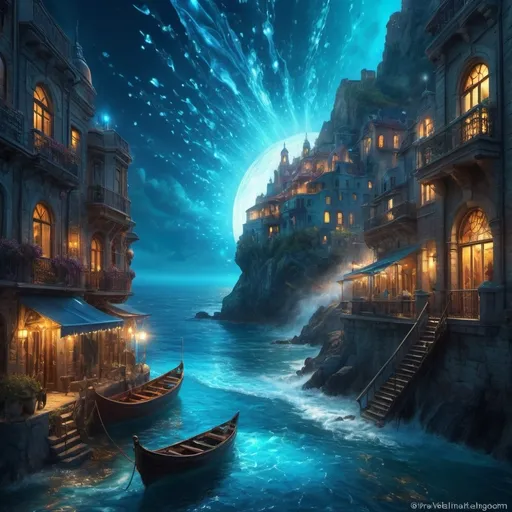 Prompt: May your love for me be
like the scent of the evening sea
drifting in through a quiet window so I do not have to run
or chase or fall ... to feel you
all I have to do is breathe. crystal clear, extreme contrast, VFX fine art, ultra CGI rendering, 16K, 3D, hdr, vibrant, fantasy core, magical, hyperdetailed, concept art vibrant, hyper realistic, detailed, duality, contrast gold mist, swirling lights in blue, ethereal,, vibrant deep colors hyper detailed illuminated by spotlights, sharp details, vibrant colors, mist inspired by Thomas Kinkade, Alphonse Mucha, Magali Villeneuve, Tintoretto, Diego Velázquez, , Alena aenami style,