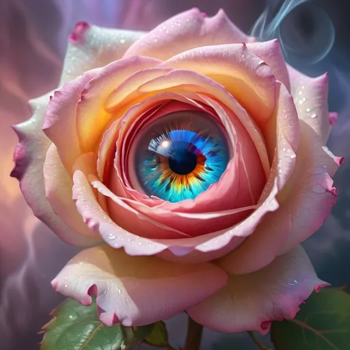 Prompt: Reflection of a rose in a human eye holographic Ephemeral iridescent Smoke Ethereal glowing aura, whimsical and enchanting, fantasy, fantastical, vibrant colors, gloomy and warm lighting masterpiece 3D shading. 3d render, illustration FULL ZOOMED OUT V IEW sharp details, inspired by Thomas Kinkade, Alphonse Mucha, Magali Villeneuve, Tintoretto, Diego Velázquez, JB, Waterhouse, Josephine Wall, WLOP