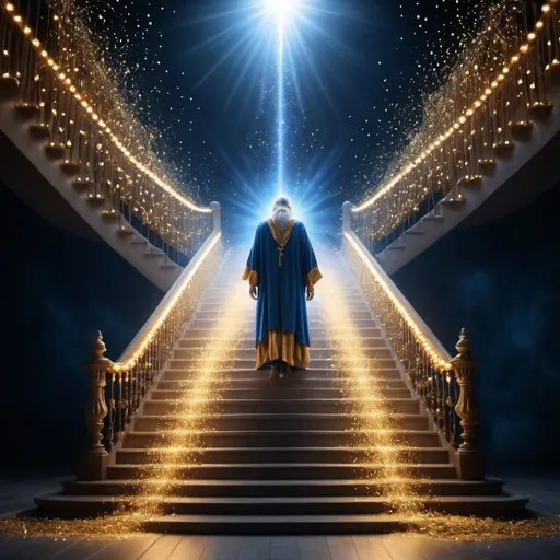 Prompt: Our Master of the light ascends to heaven through stairs of lights and pearls falling from them  , blue and gold lights  in which a beautiful image of a spiritual sorcerer  reflected. The picture is long shot   high detailed, real cinematic look ,