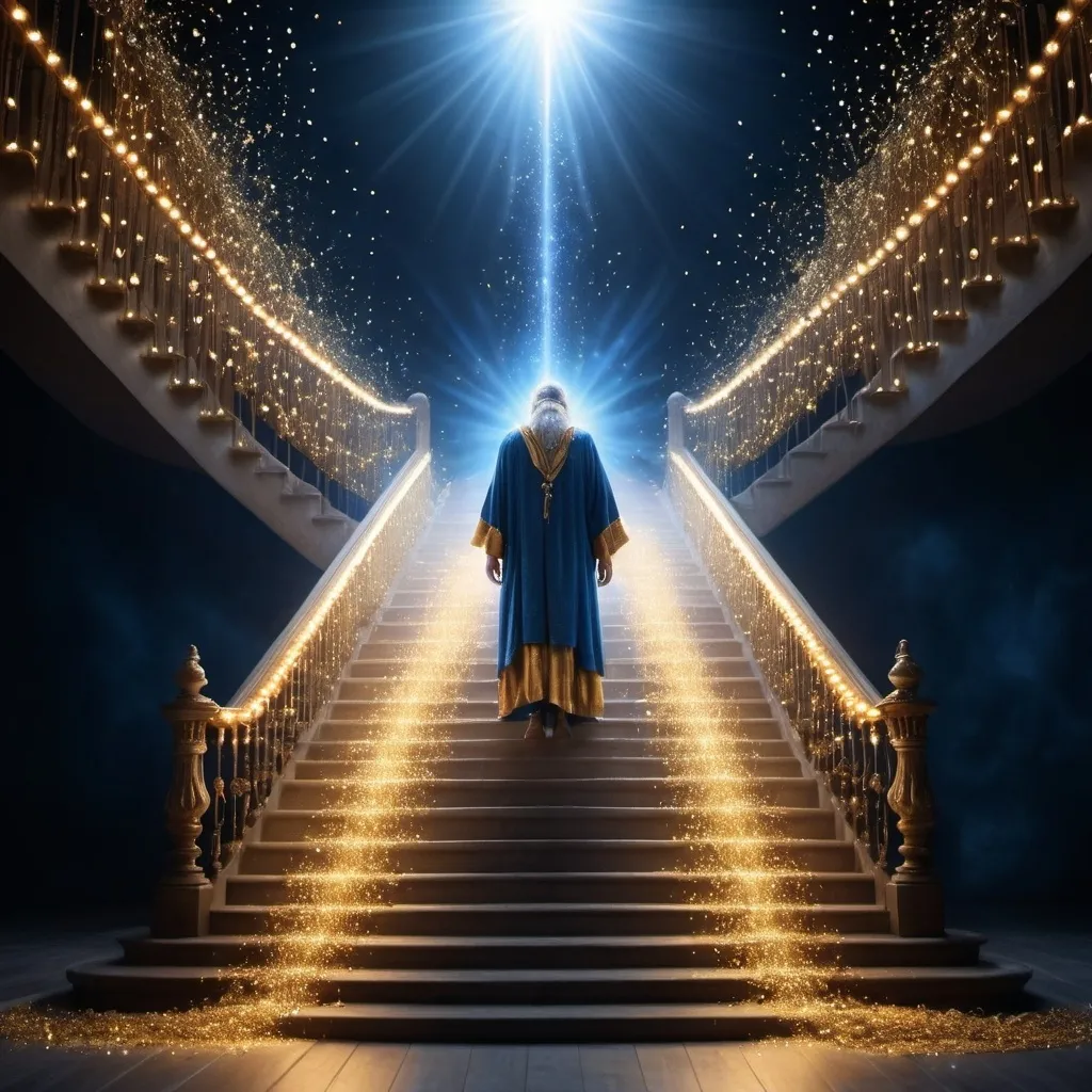 Prompt: Our Master of the light ascends to heaven through stairs of lights and pearls falling from them  , blue and gold lights  in which a beautiful image of a spiritual sorcerer  reflected. The picture is long shot   high detailed, real cinematic look ,