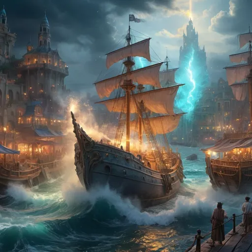 Prompt: Irate Poseidon destroys a sea port colorful, sparkling refined ethereal mysterious dreamlike hyperdetailed intricately detailed magical fantasy, volumetric lighting, beautifully unique masterpiece, 8k sharp focus qualities, ultra detailed, trending on Artstation, dramatic lighting, FULL ZOOMED OUT VIEW hyper detailed illuminated by spotlights, sharp details, vibrant colors, mist and ethereal smoke hyper detailed illuminated by spotlights, sharp details, vibrant colors, inspired by mist Thomas Kinkade, Alphonse Mucha, Magali Villeneuve, Tintoretto, Diego Velázquez, Helen Frankenthale