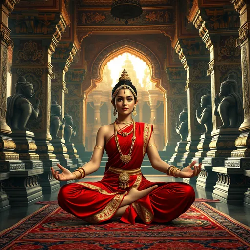 Prompt: A yogini sitting in Lotus position in the middle of an Indian Hindu temple. Highly detailed ornamental background, traditional ancient Indian sculptures and carpets. The yogini is wearing a highly detailed crimson Indian outfit, highly detailed Indian jewelry 8k resolution visionary fantasy Midjourney Art, Fantasy, Otherworldly Depiction, Digital Art, Concept Art, Cinematic, Hyper Realistic. dynamic pose, dynamic movement, cinematic, digital painting, hyperrealism, unreal Engine5, Full zoomed out, vivid colours, dynamic lightning. In the style of Frank Fazetta, Randy Vargas, Diego Gisbert Llorens, Ciruelo Cabral, Jeffrey Catherine Jones and Marc Simonetti