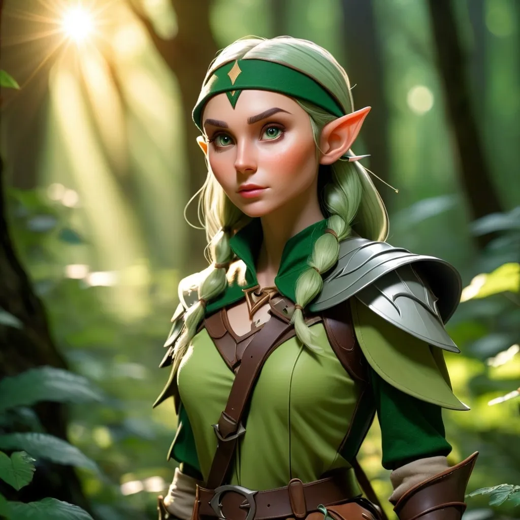 Prompt: Elf ranger in a mystical forest around sunlight