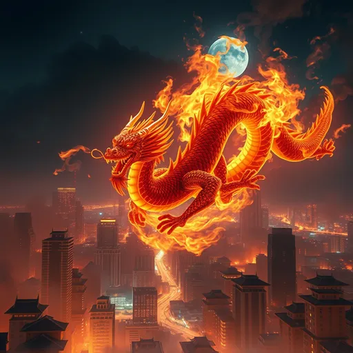 Prompt: ((Realistic Chinese Dragon, constated of fire)), flying over the night city ((made of Fire:4.5))Fire and smoke around, Malevoyent, Otherworldly, Magical, Art, Fantasy, Otherworldly Depiction, Digital Art, Concept Art, Cinematic, Hyper Realistic. dynamic pose, dynamic movement,  cinematic, digital painting, hyperrealism, unreal Engine5, Full zoomed out, vivid colours, dynamic lightning. In the style of Artisans guild, Frank Fazetta, Randy Vargas, Diego Gisbert Llorens, Ciruelo Cabral, Jeffrey Catherine Jones and Marc Simonetti