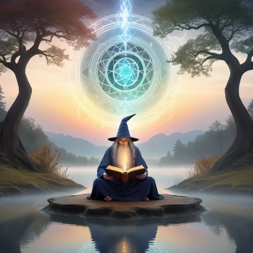 Prompt: a wizard summoning a spirit inside a magic book
The background is a serene, misty landscape, tinged with the warmth of a sunrise, featuring trees, water, and a harmonious blend of vivid colors. The whole scene exudes a sense of magic and awe, with the geometric Orphic patterns and fractal elements adding a touch of mystique.