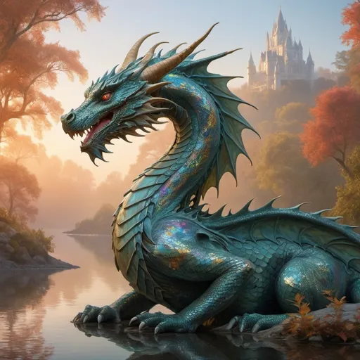 Prompt: A stunning and highly detailed masterpiece in the Orphic style, with subtle influences from Monet, portrait of 
a beautiful dragonrider. She exhibits immense courage, power, and a unique blend of kindness and confidence, her  face radiates an aura of authority. The dragon she sits upon has Orphic fractalled scales which glisten in the sunlight, it is fearsome and aggressive.
The background is a serene, misty landscape, tinged with the warmth of a sunrise, featuring trees, water, and a harmonious blend of vivid colors. The whole scene exudes a sense of magic and awe, with the geometric Orphic patterns and fractal elements adding a touch of mystique.