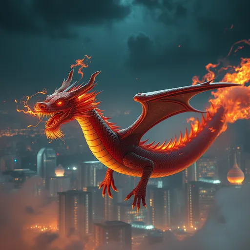 Prompt: ((Realistic Chinese Dragon, constated of fire)), flying over the night city ((made of Fire:4.5))Fire and smoke around, Malevoyent, Otherworldly, Magical, Art, Fantasy, Otherworldly Depiction, Digital Art, Concept Art, Cinematic, Hyper Realistic. dynamic pose, dynamic movement,  cinematic, digital painting, hyperrealism, unreal Engine5, Full zoomed out, vivid colours, dynamic lightning. In the style of Artisans guild, Frank Fazetta, Randy Vargas, Diego Gisbert Llorens, Ciruelo Cabral, Jeffrey Catherine Jones and Marc Simonetti