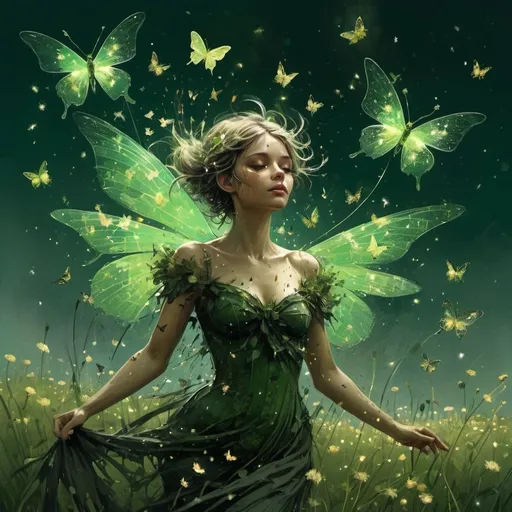 Prompt: Dynamic Cinematic View of airy fancy faery covered in green butterflies on a field of dandelions and grotesque fireflies, a scattering of sparkles in the form of butterflies, intricate shapes, sparkling fireflies waves lapping at the shore siren song, siren song, Astral, by Gustave Doré and Russ mills.