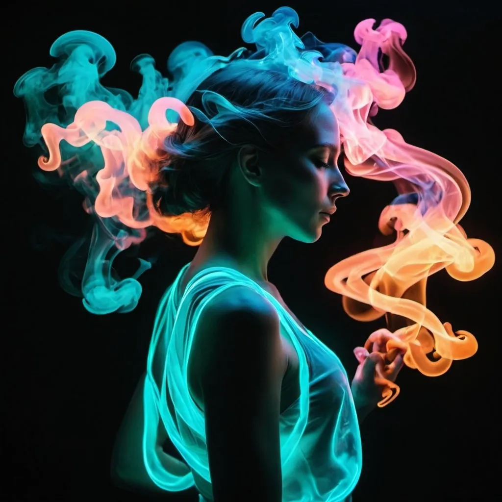 Prompt: When I breathe, God breathes.
When I move, God is moving.
We dance together. Chemiluminescent neon Ephemeral iridescent Smoke